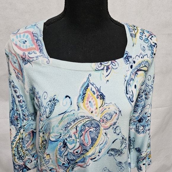 Chico's Paisley Blue Yellow Square Neck Top 72% Rayon 28% Nylon Sz 0 or S - Picture 2 of 7